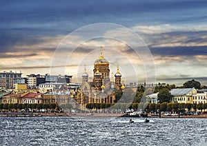 Panorama of Lieutenant Schmidt embankment with the assumption Church, St. Petersburg