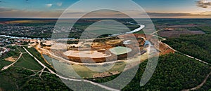 Panorama of limestone open pit mine, aerial view from drone