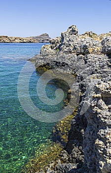 Panorama of Lindos in Rhodes island, famous for historic landmarks and beautiful beaches, in Greece