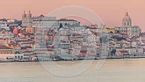 Panorama of Lisbon historical center and ferry terminal Terreiro do Paco aerial timelapse during sunset from above photo