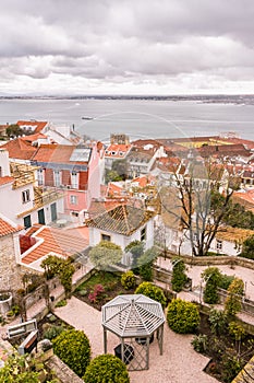 Panorama Lisbon: view from the old castle on houses and river Ta