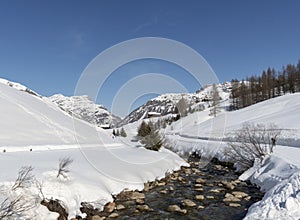 Panorama of Livigno altitude 1816 m in winter. Valtellina, Italy