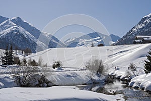 Panorama of Livigno altitude 1816 m in winter. Valtellina, Italy