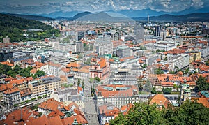 Panorama of Ljubljana with a view all the way to the Alps