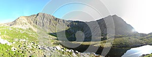 Panorama at Llyn-y-Gadair on cadair idris mountain in snowdonia