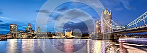 Panorama of London with Tower Bridge, Tower Hill and modern downtown in England, UK