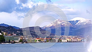 Panorama of Lugano embankment and Alpine scenery, Lake Lugano, Switzerland