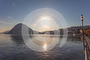 Panorama of the Lugano Lake,with mountains and city of Lugano, Switzerland