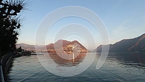 Panorama of Lugano lake at sunset