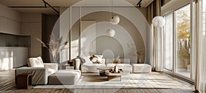 A panorama of a luxuriously decorated living room with a white kitchen in an apartment or house with a large full-length