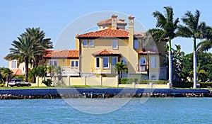 Panorama of Luxury beach house with boat dock