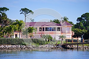 Panorama of Luxury beach house with ship dock