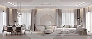 Panorama of luxury living room and dining area with sofa,armchair.