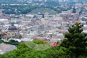 Panorama of Lvov old town with Dominican Church,Ukraine