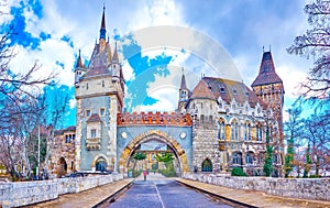 Panorama of the main entrance gate to Vajdahunyad Castle, the main landmark in City Park, on February 23 in Budapest, Hungary