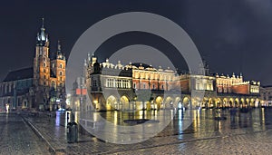 Panorama of Main Market Square at night, Poland, Krakow