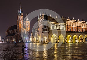 Panorama of Main Market Square at night, Poland, Krakow