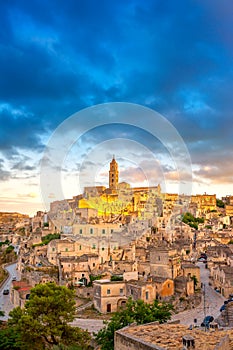 Panorama of the majestic medieval town of Matera on a beautiful sunset