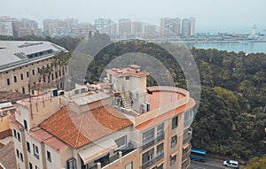 Panorama of Malaga city center and seaport from the roof of La Manquita Cathedral, Malaga, Spain