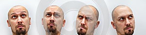 Panorama of male faces with beard and bald, different expressions of emotions