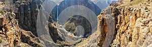 Panorama of the Maletsunyane Falls and large canyon in the mountainous highlands near Semonkong, Lesotho, Africa