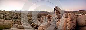 Panorama of man hiking among field of boulders at dusk with sunset sky Yucca Valley California near Joshua Tree National Park on