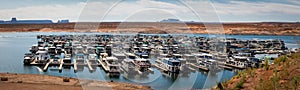 Panorama of many boats docked on Lake Powell, Arizona