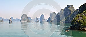 Panorama of many limestone karsts in the sunshine, Halong Bay Vietnam