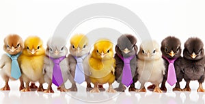 Panorama of many Young fluffy Easter Baby Chickens standing Against White Background