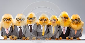 Panorama of many Young fluffy Easter Baby Chickens standing Against White Background