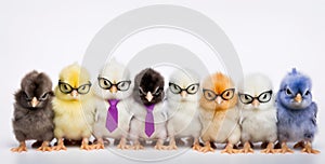 Panorama of many Young fluffy Easter Baby Chickens standing Against White Background