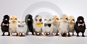 Panorama of many Young fluffy Easter Baby Chickens standing Against White Background