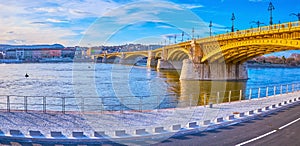 Panorama with Margaret Bridge, Danube River and Jozsef Antall embankment, Budapest, Hungary