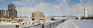 Panorama of the marina fishing on ice in Montreal Old Port