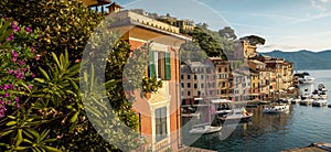 Panorama of marina in Portofino village, Liguria