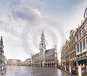 Panorama of the Market Square or Grand Place in Brussels in autumn rainy weather, Belgium