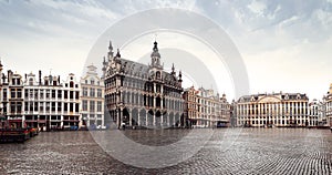 Panorama of the Market Square or Grand Place in Brussels in autumn rainy weather, Belgium