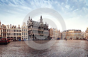 Panorama of the Market Square or Grand Place in Brussels in autumn rainy weather, Belgium