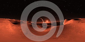 360 Panorama of Mars-like Exoplanet sunset, environment map. Equirectangular projection, spherical panorama photo