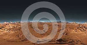 Panorama of Mars sunset, environment HDRI map. Equirectangular projection, spherical panorama. Martian landscape