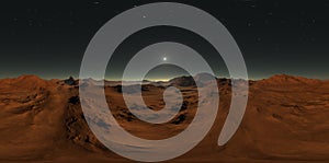 Panorama of Mars sunset, environment HDRI map. Equirectangular projection, spherical panorama. Martian landscape photo