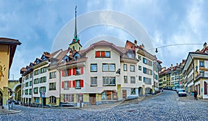 Panorama of Matte district with old townhouses and the spire of Nydeggkirche church in Bern, Switzerland