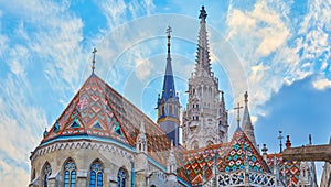 Panorama of Matthias Church roof and towers, Budapest, Hungary