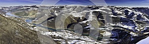 Panorama of Meandering lake Zavoj during winter