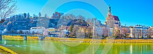 Panorama of medieval Mulln neighborhood of Salzburg, Austria