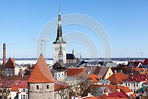 Panorama of medieval Old Town. St Olaf`s spired Baptist church. Beautiful architecture of Vanalinn, subdistrict in district of