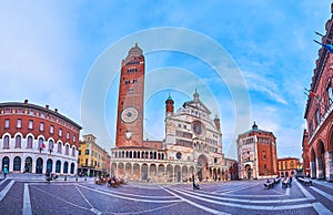 Panorama of Piazza del Comune with Cathedral and Baptistery of Cremona, Italy