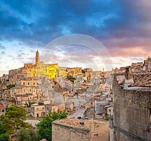 Panorama of the medieval town of Matera at sunset