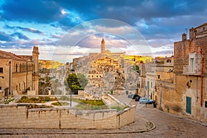 Panorama of the medieval town of Matera at sunset