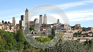 Panorama of the medieval town of San Gimignano, sunny september morning. Italy